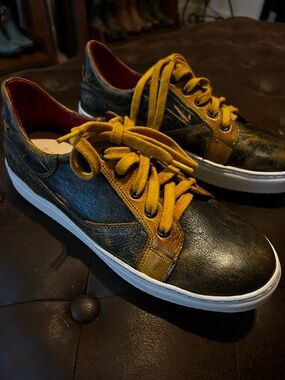 Bed Stu Women's Black and Mustard Leather Sneakers Azeli